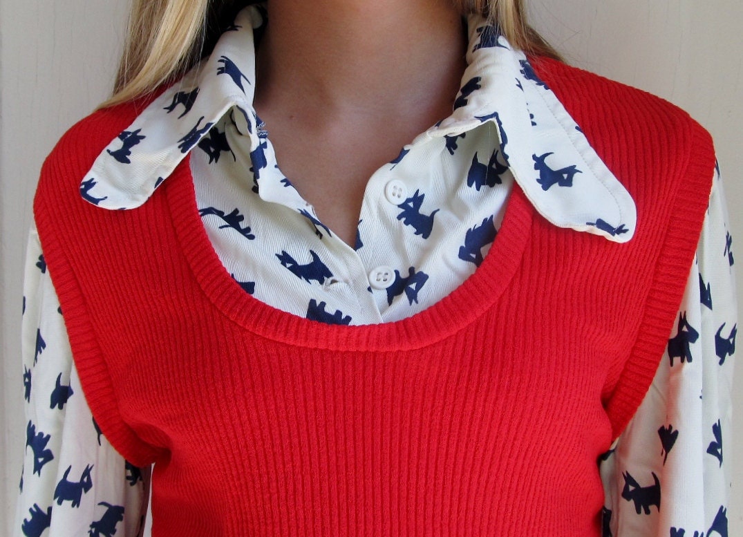 Vintage 1970s Scottie Dog Blouse w Red Knit Vest XS S Top Shirt