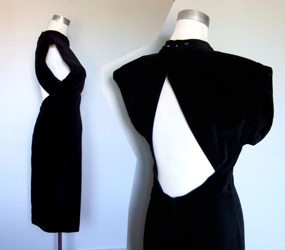 Vintage 80s Dress Cutout Velvet Black Open Back S/ M