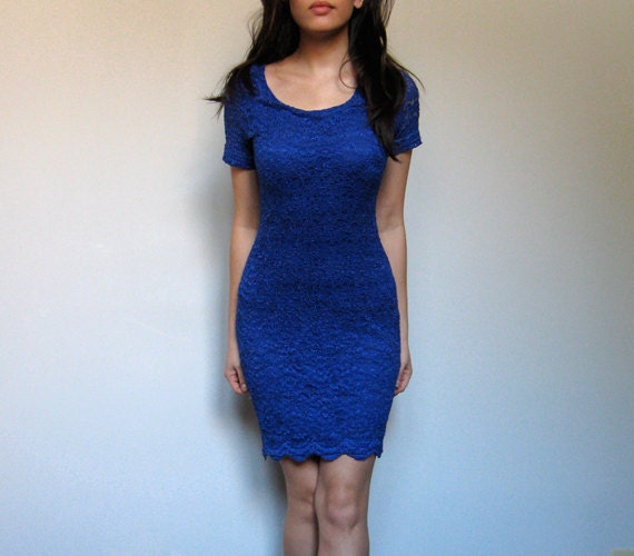 Blue Bodycon Dress Vintage Cobalt Lace Mini XS/ S Summer Fashion