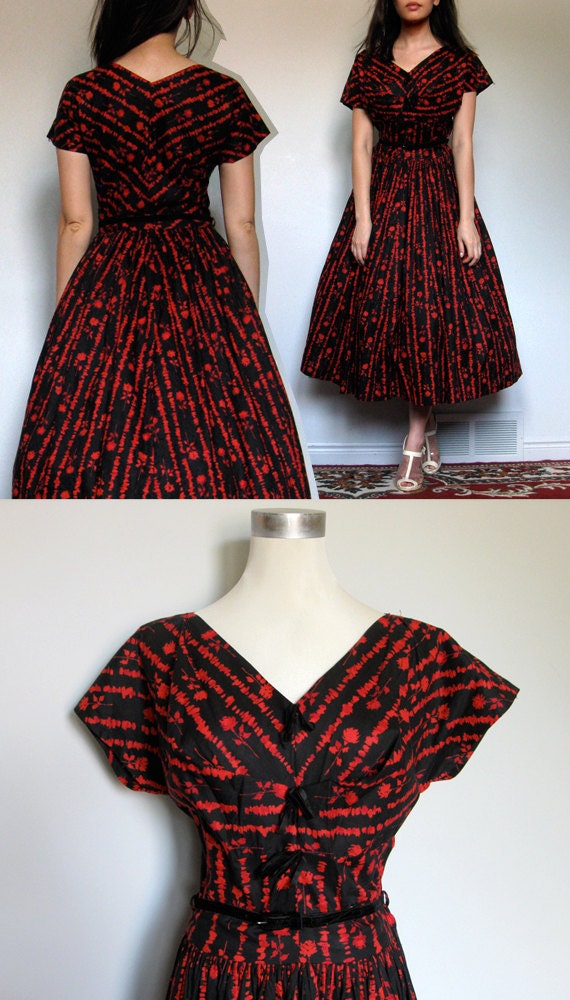 60s Day Dress Vintage Tea Length Dress Black Red Floral Full Circle Skirt Party Dress  - Medium. Large. M/ L