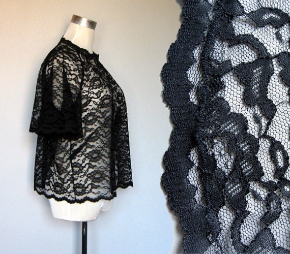 Sheer Lace Top Black Blouse Bell Sleeve Vintage See Through Shirt Scalloped - Large. L