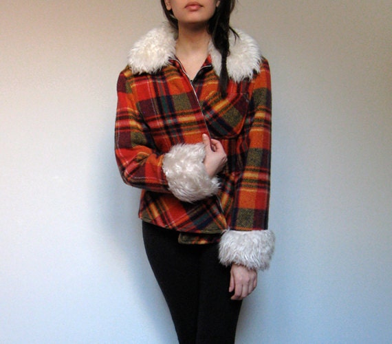 Bright Plaid Jacket Vintage Wool Winter Coat 70s Faux Fur Trim Winter Fashion - Medium M