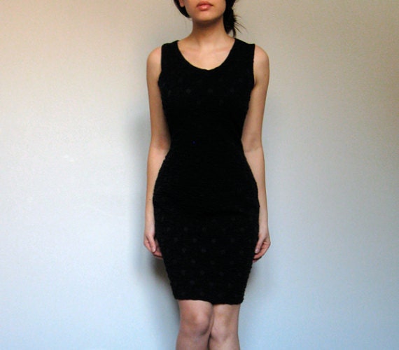 Vintage Bodycon Dress Black Mini Polka Dot Fashion M