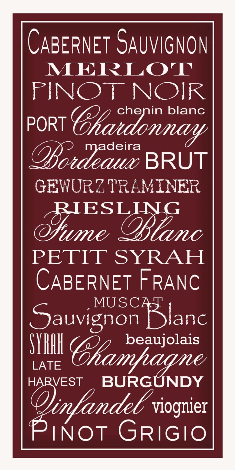Subway Art Sign Wine List Typography Print 10x20