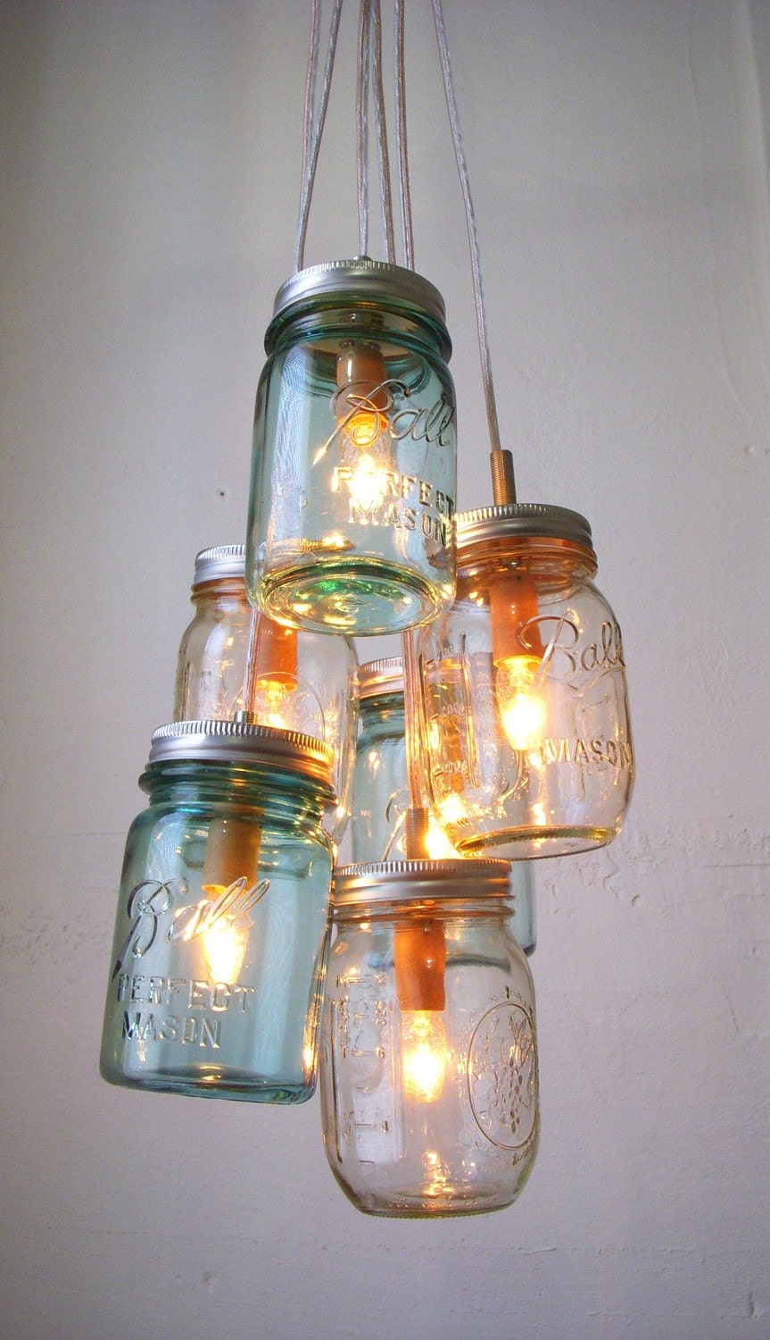 Sapphire Ocean - Mason Jar Chandelier - Mason Jar Light - Modern Industrial Handcrafted UpCycled BootsNGus Hanging Pendant Lighting Fixture