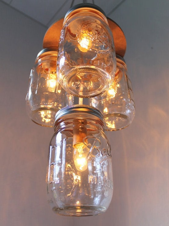 2 Tier Mason Jar Chandelier Lighting Fixture - Modern Industiral Swag - Handcrafted Upcycled BootsNGus Hanging Pendant Lamp Design