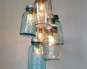 Ocean Sapphire Mason Jar Chandelier - Mason Jar Light - Modern Industrial Handcrafted UpCycled BootsNGus Hanging Pendant Lighting Fixture