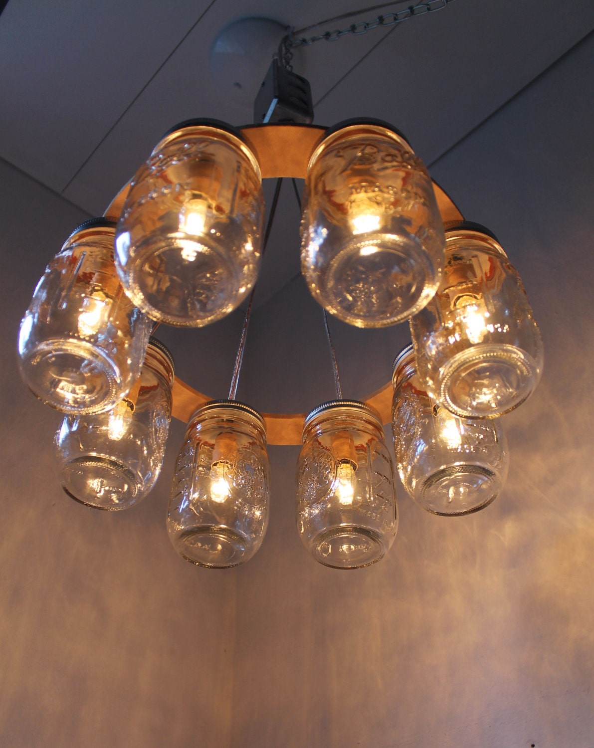 WAGON WHEEL Mason Jar Chandelier - Mason Jar Light - Industiral Swag - Handcrafted Upcycled BootsNGus Hanging Pendant Lighting Fixture