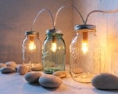Mason Jar Lights - 3's Company - Glass Banner Style - Modern Industrial Rustic Farmhouse - Handrcrafted Upcycled BootsNGus Lighting Fixture