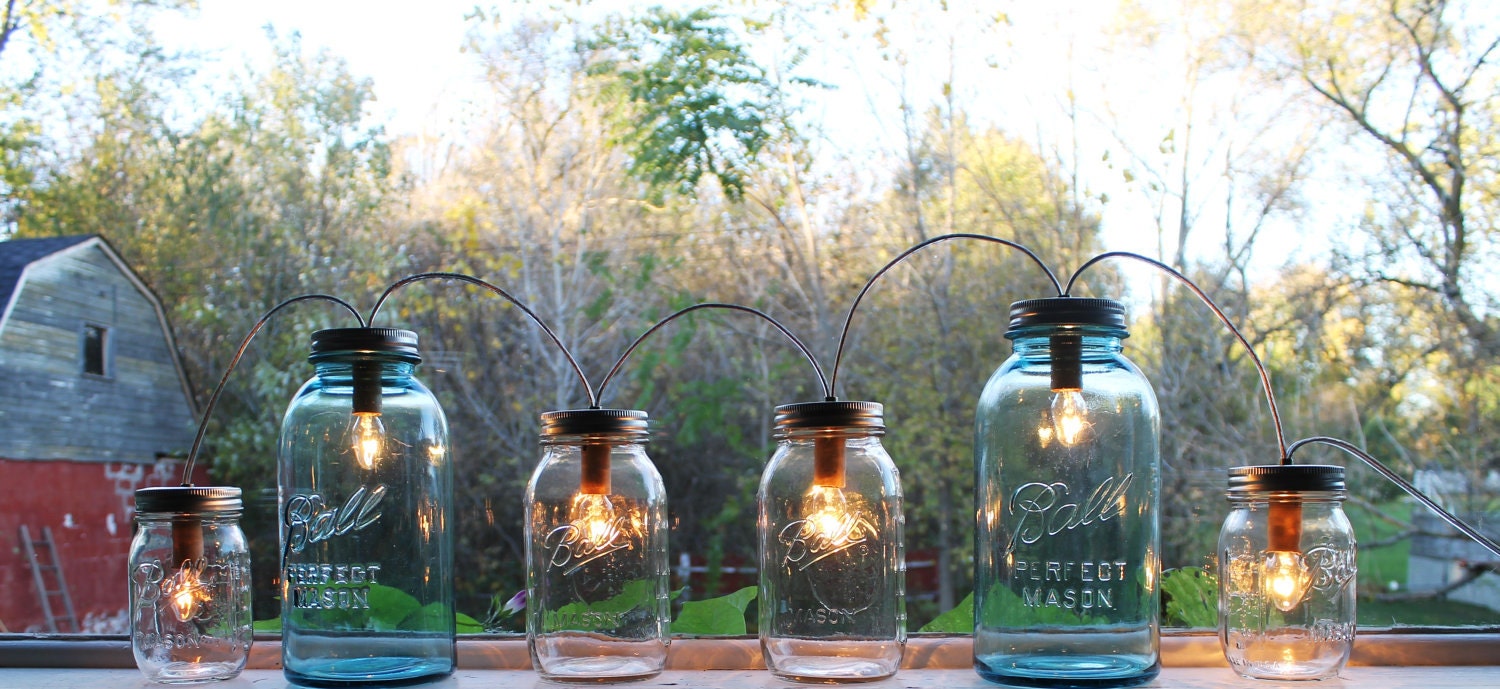 Banner Mason Jar Lights - Modern Industrial Rustic Farmhouse String Party Lights - Handrcrafted Upcycled BootsNGus Lighting Fixture
