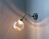 Moon Glow - Stainless Steel Gooseneck Wall Sconce - Ribbed Holophane Orb Shaped Lamp Shade - UpCycled BootsNGus Lighting Fixture