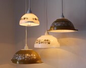 Spring Blossoms - Olive Green and White Milk Glass Mixing Bowl Hanging PYREX Pendants Lights - OOAK UpCycled BootsNGus Lighting Fixtures