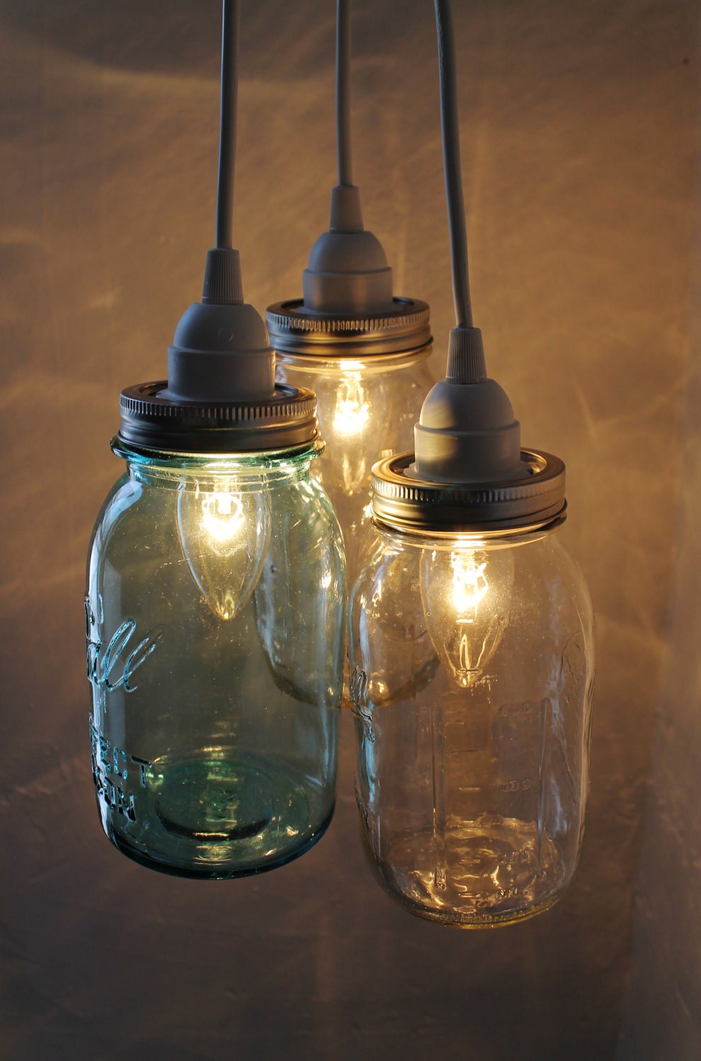 Summer Beach House Mason Jar Chandelier - 3 Ball Mason Jar Hanging Pendant Chandelier Cluster Light - UpCycled BootsNGus Lighting Fixture