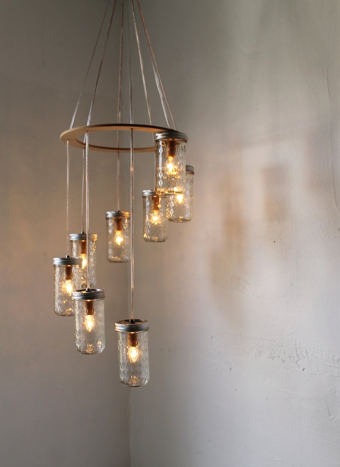 Quilted Diamonds Canning Jar Waterfall Chandelier - Spiral Mason Jar Chandelier Hanging Swag Lighting Fixture - BootsNGus upcycled lamp