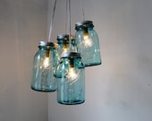 Antique Blue - Mason Jar Chandelier - 4 blue quart jars - Handcrafted Mason Jar Lighting Fixture - Upcycled BootsNGus Lamp - Direct Hardwire