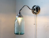 Antique AQUA - Industrial Stainless Steel Gooseneck Wall Sconce - Quart Sized Blue Ball Mason Jar Lamp - UpCycled BootsNGus Lighting Fixture