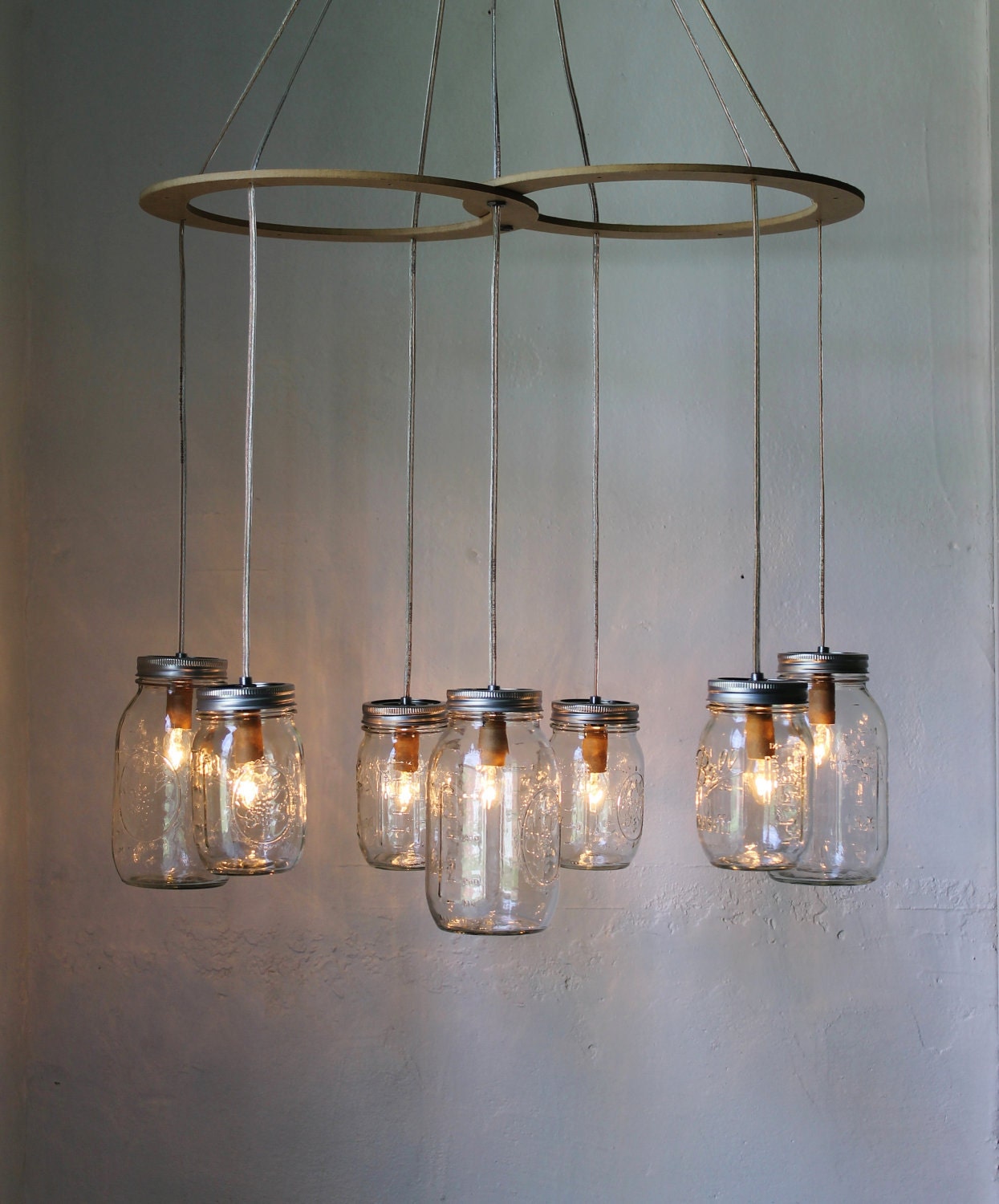 Mason Jar Canopy Chandelier - Upcyled Mason Jar Hanging Swag Lighting Fixture - BootsNGus Mason Jar Chandelier Lamp Design