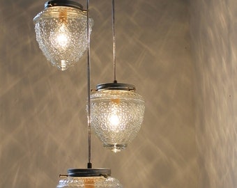 Falling Acorns - Upcycled Cascading Drop Chandelier Pendant Swag Light - Raspberry Shaped Glass Shades - BootsNGus Lamps