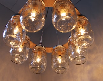 WAGON WHEEL Mason Jar Chandelier - Mason Jar Light - Industiral Swag - Handcrafted Upcycled BootsNGus Hanging Pendant Lighting Fixture