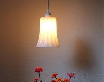MOD Milk Glass Vase Hanging Pendant Light - White Fluted Lighting Fixture - Crisp Cool Contemporary Glow - Upcycled Vintage BootsNGus Lamp