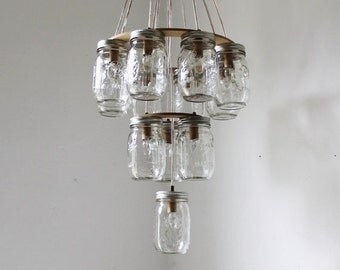 3 Tier Upside Down Wedding Cake Mason Jar Chandelier - Mason Jar Lighting - Handcrafted Upcycled BootsNGus Hanging Pendant Light Fixture