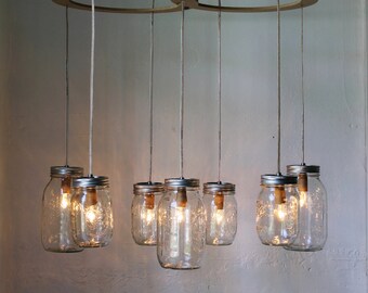 Mason Jar Canopy Chandelier - Upcyled Mason Jar Hanging Swag Lighting Fixture - BootsNGus Mason Jar Chandelier Lamp Design