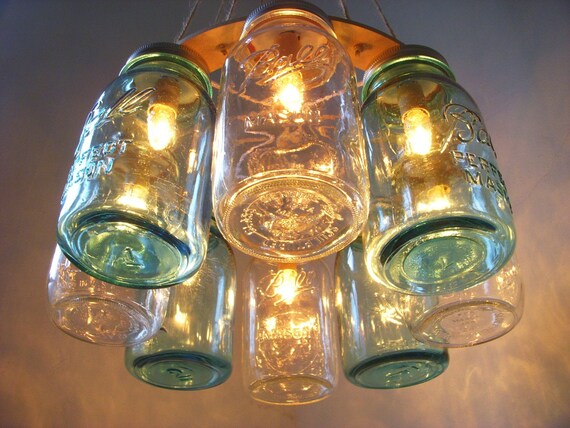 Western Wear Wagon Wheel - Clear and Ocean Blue Quart Sized Mason Jar Chandelier Light - Upcycled Lighting Fixture Lights Lake House