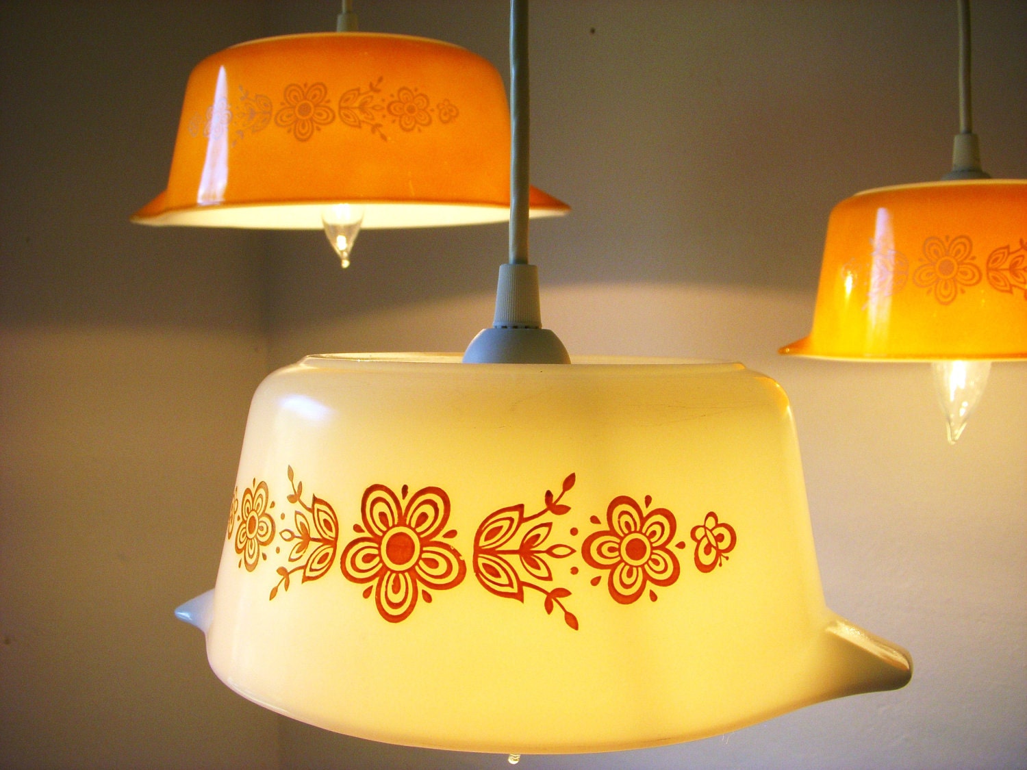 Summer Sunlight Butterfly Gold Pattern Pyrex Pendant Lights - UpCycled ReCycled Hanging Lighting Fixture - Set of 3 Reclaimed Mixing Bowl Light