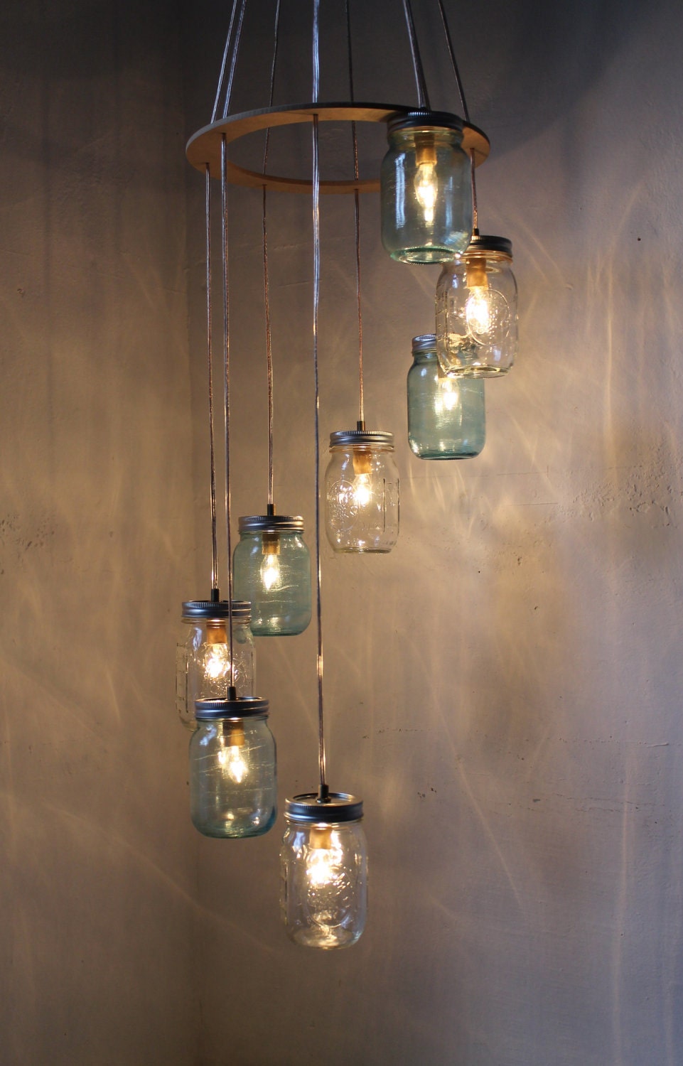 Waterfall Spiral Mason Jar Chandelier - Swag Lamp Handcrafted Upcycled Eco Friendly BootsNGus Hanging Pendant Fixture