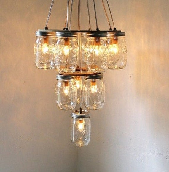 Reserved 4 GeorgiaGould - Mason Jar Lighting Hanging Swag Lamp 3 Tier Wedding Cake - Eco Friendly Original BootsNGus Design Mason Jar Lights