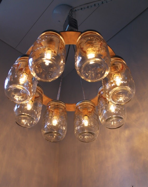 WAGON WHEEL Mason Jar Chandelier - Mason Jar Light - Industiral Swag - Handcrafted Upcycled BootsNGus Hanging Pendant Lighting Fixture