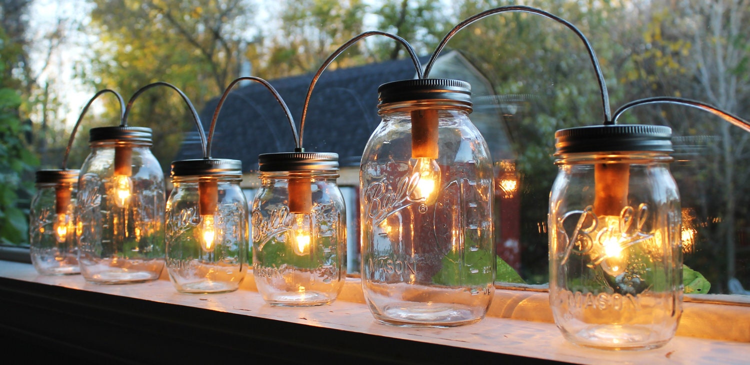 Mason Jar Lights - Banner Style - Modern Industrial Rustic Farmhouse - Handrcrafted Upcycled BootsNGus Lighting Fixture