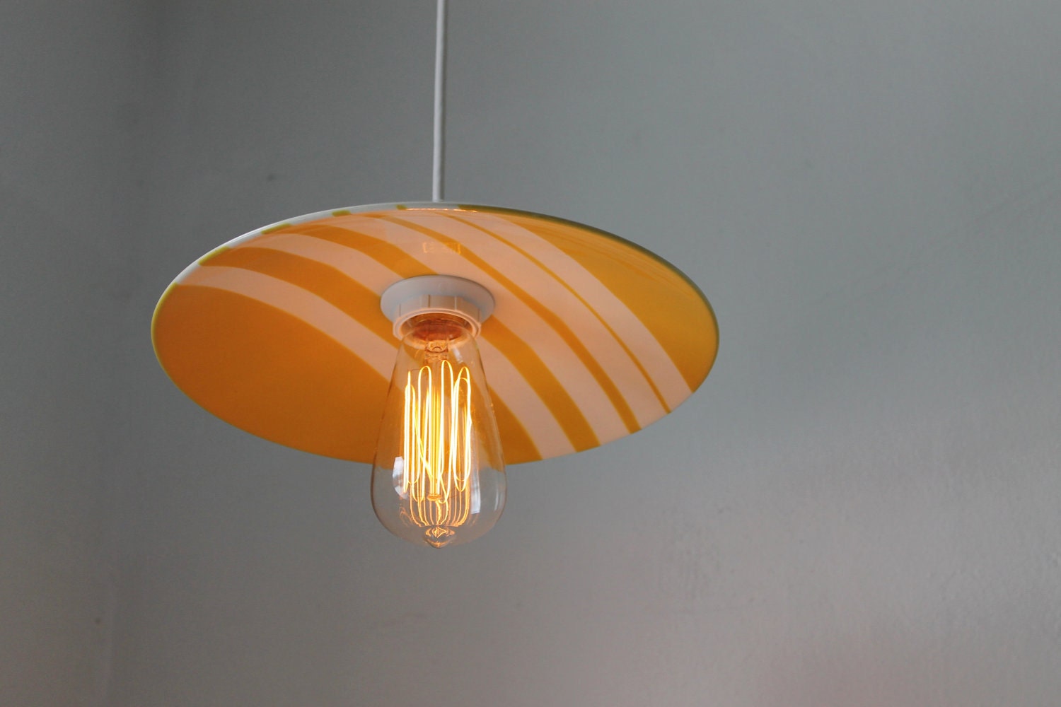 Cha Cha - Sunny Mustard Yellow White Striped Arizona Canonsburg Pottery Ceramic Plate Pendant Lamp Shade - OOAK UpCycled BootsNGus Lighting