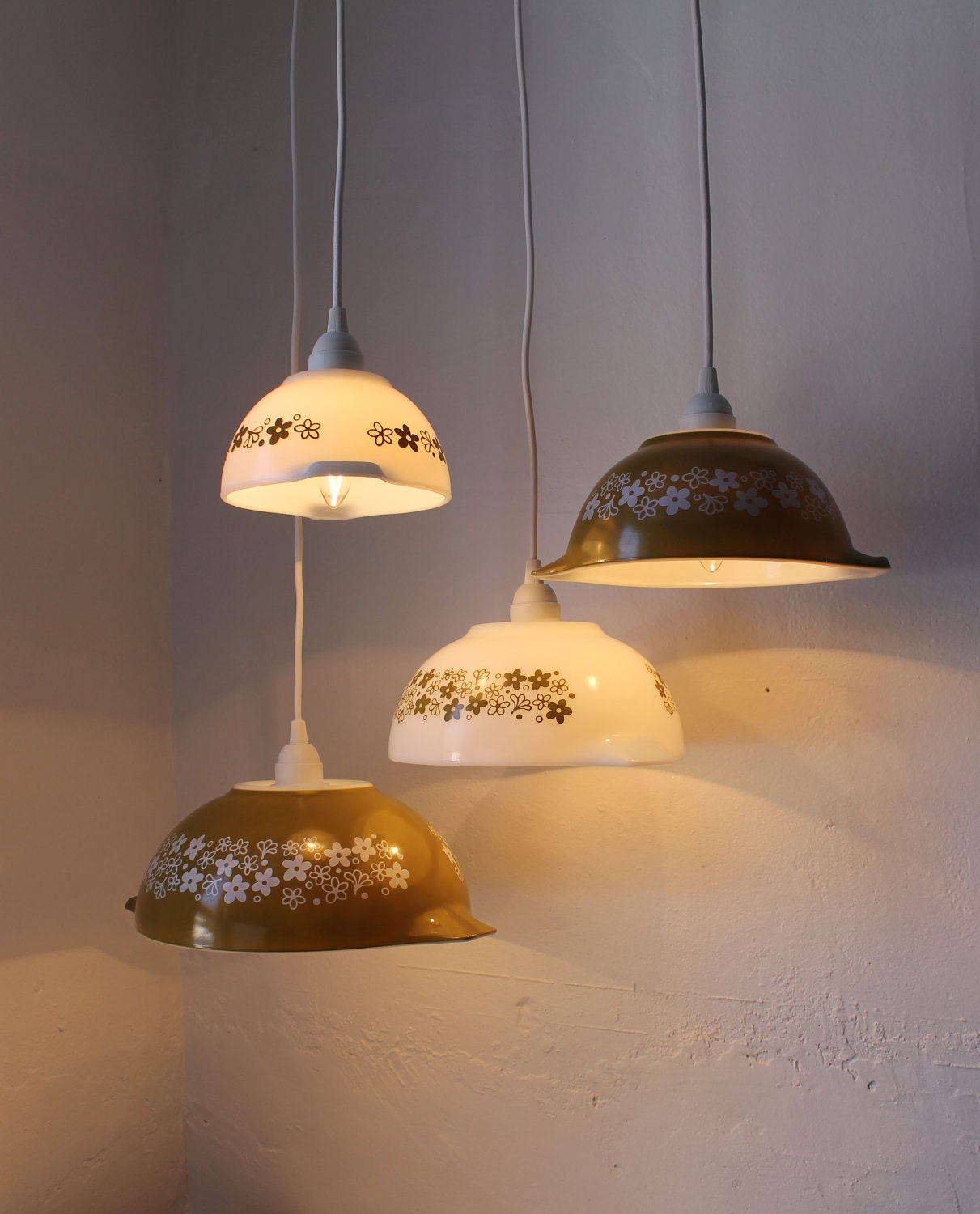 Spring Blossoms - Olive Green and White Milk Glass Mixing Bowl Hanging PYREX Pendants Lights - OOAK UpCycled BootsNGus Lighting Fixtures