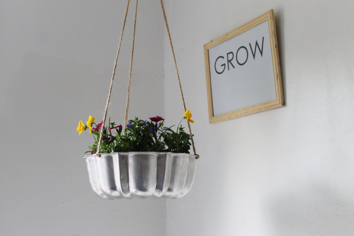Shining Silver - UpCycled Bundt Cake Planter - Industrial Modern Reclaimed BootsNGus Hanging Flower Pot