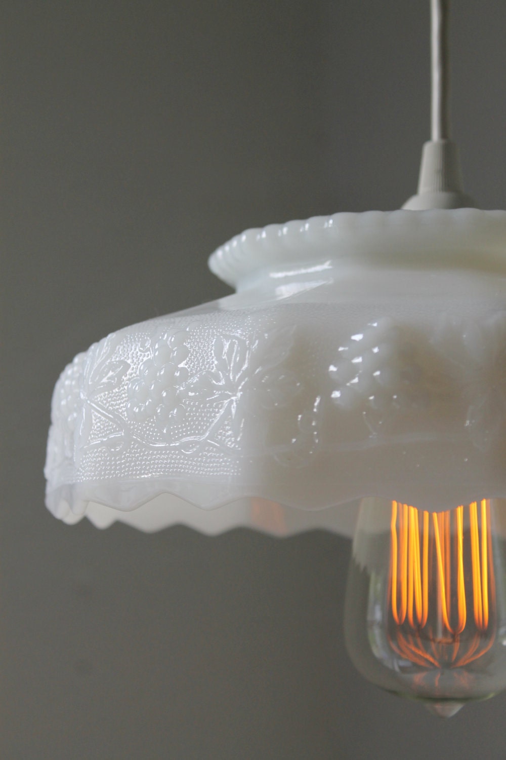 Cloud - Upcycled Vintage Anchor Hocking Fire King White Milk Glass Fruit Bowl Hanging Pendant Light - OOAK BootsNGus Lamp Lighting Fixture