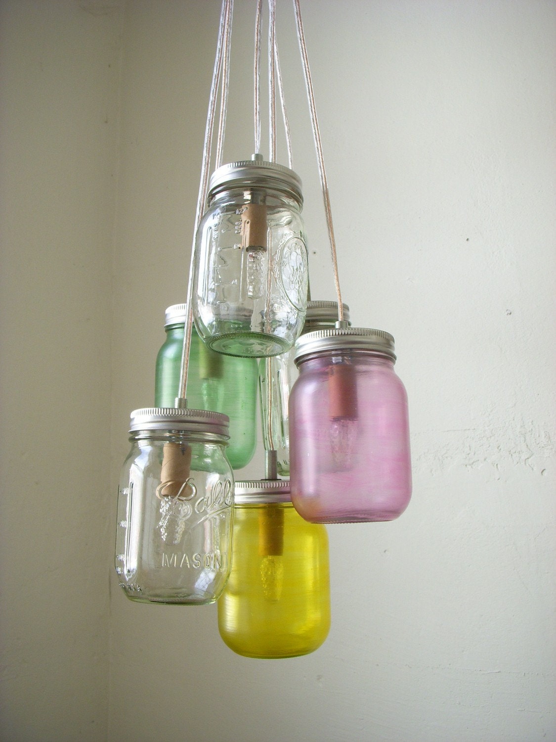 Pretty Pastels Mason Jar Chandelier - Mason Jar Light - Handcrafted UpCycled BootsNGus Hanging Pendant Lighting Fixture