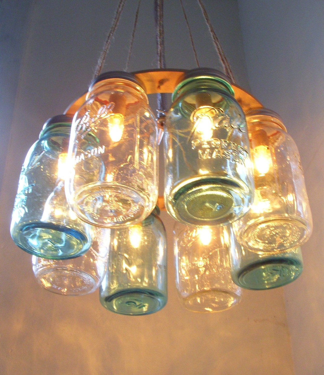 Western Wear Wagon Wheel - Clear and Ocean Blue Quart Sized Mason Jar Chandelier Light - Upcycled Lighting Fixture Lights Lake House