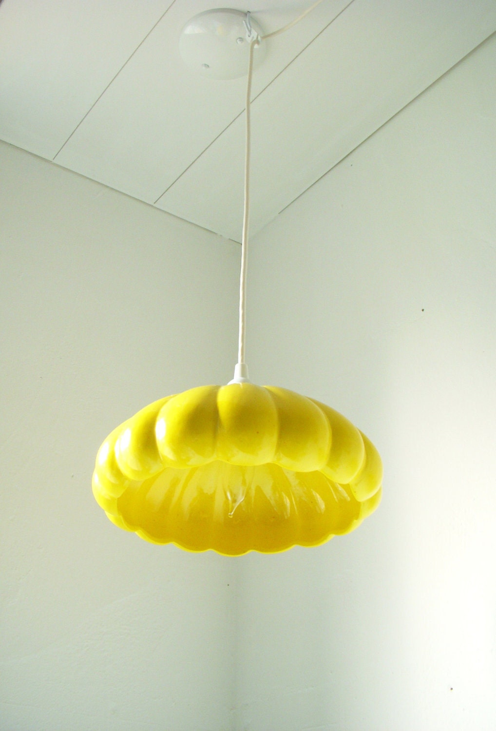 RESERVED for Optryo - Ceramic Spring Daisy Lamp Sunshine Yellow Ribbed Bowl Hanging Pendant Lighting Fixture