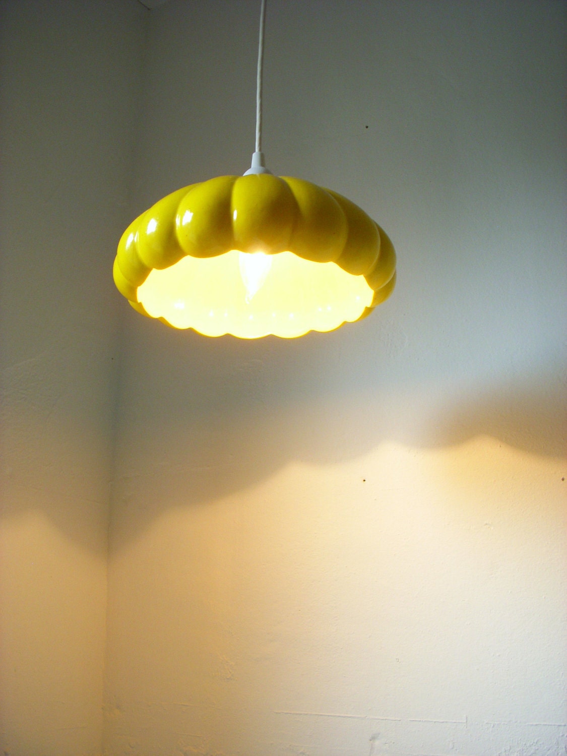 RESERVED for Optryo - Ceramic Spring Daisy Lamp Sunshine Yellow Ribbed Bowl Hanging Pendant Lighting Fixture