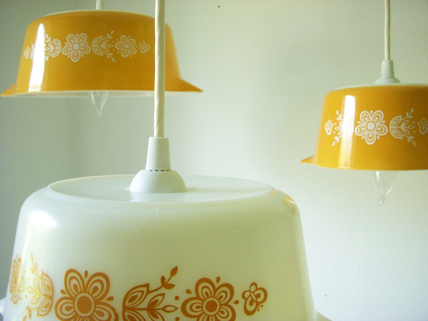 Summer Sunlight Butterfly Gold Pattern Pyrex Pendant Lights - UpCycled ReCycled Hanging Lighting Fixture - Set of 3 Reclaimed Mixing Bowl Light