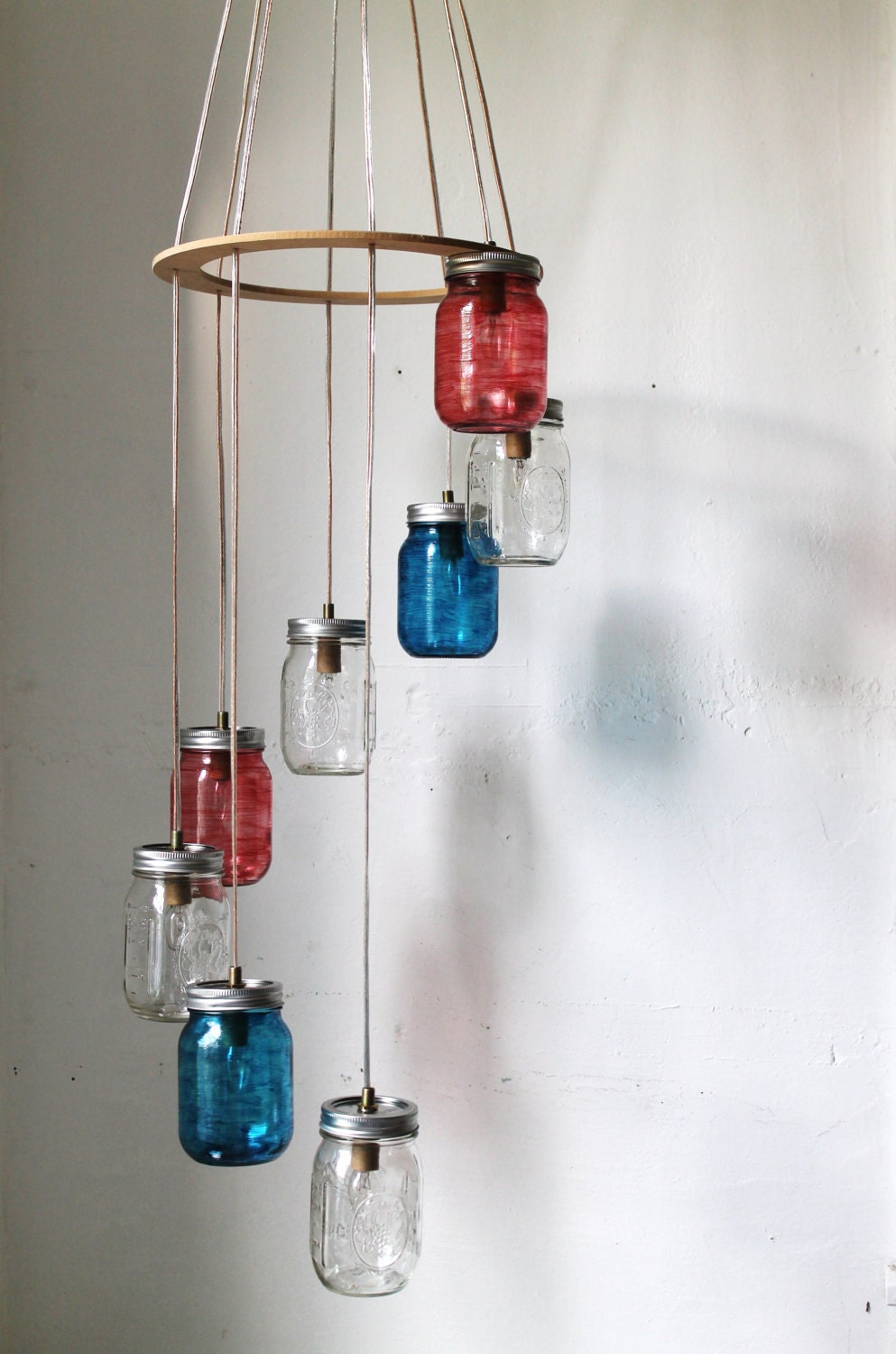 Red, White, Blue Mason Jar Lighting Chandelier Cascading Carousel Hanging Light - Rustic Industrial Eco Friendly Original BootsNGus Design