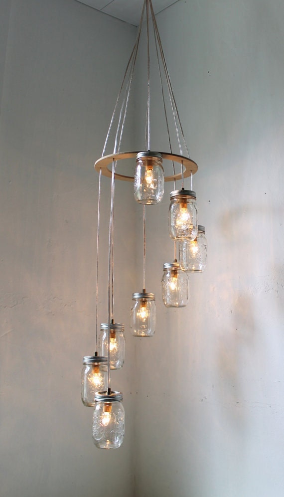 Spiral Carousel Mason Jar Chandelier - Mason Jar Lighting - Swag Lamp Handcrafted Upcycled BootsNGus Hanging Pendant Light Fixture
