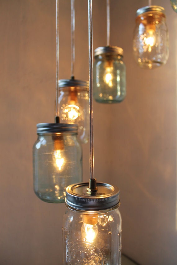 Waterfall Splash Mason Jar Chandelier - Cascading Spiral - Modern Industrial Swag - Handcrafted Upcycled BootsNGus Hanging Lighting Fixture
