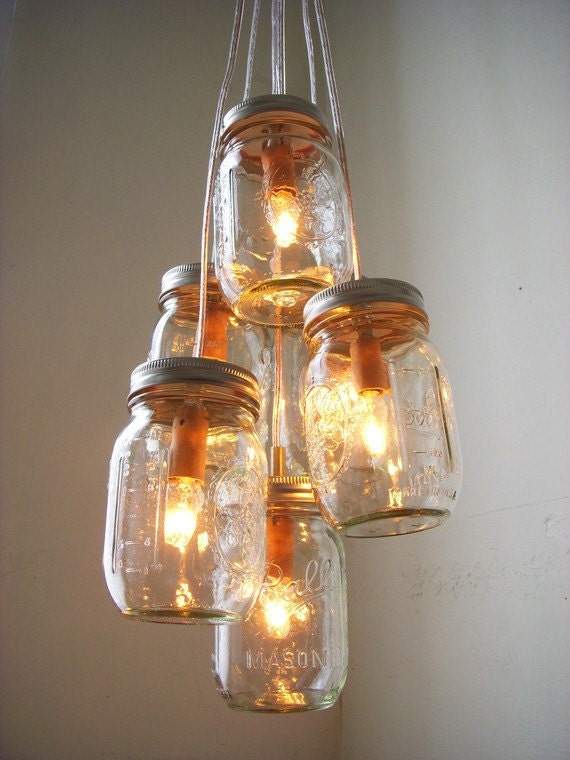Chasing Fireflies Mason Jar Chandelier Lighting Fixture - Swag Lamp Handcrafted Upcycled BootsNGus Hanging Pendant Lamp Design