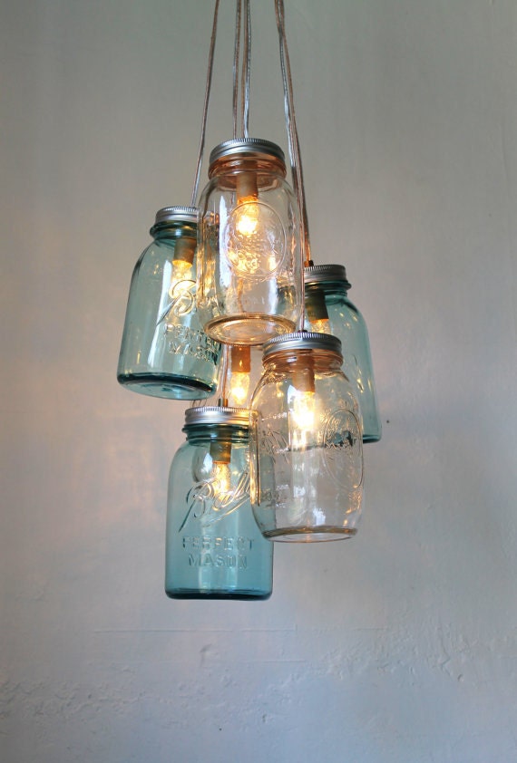Ocean Sapphire Mason Jar Chandelier - Mason Jar Light - Modern Industrial Handcrafted UpCycled BootsNGus Hanging Pendant Lighting Fixture