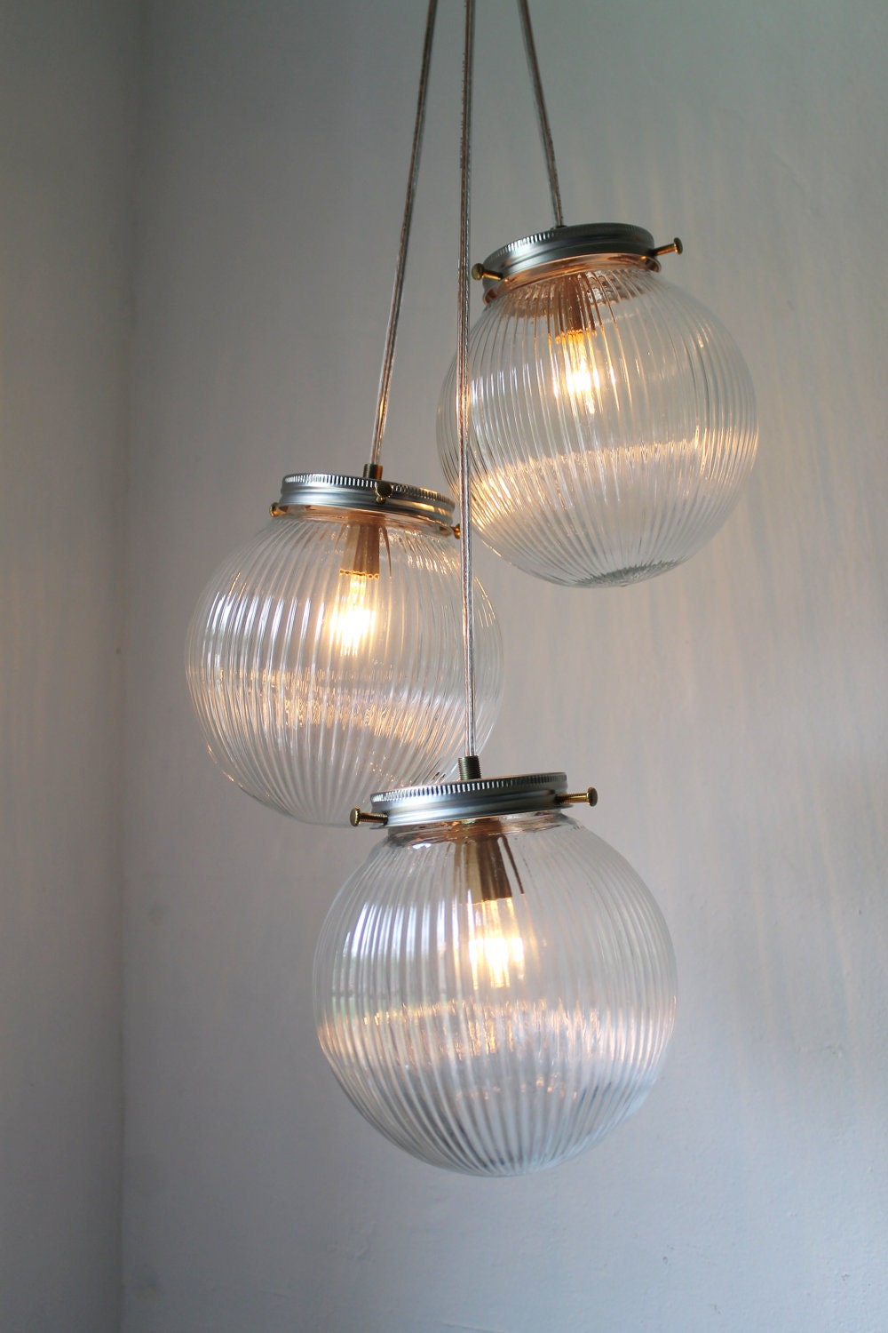 Sparkling Cluster Chandelier Lighting Fixture - 3 Round Ribbed Glass Holophane Globes  - Industrial UpCycled Swag Pendant BootsNGus Design