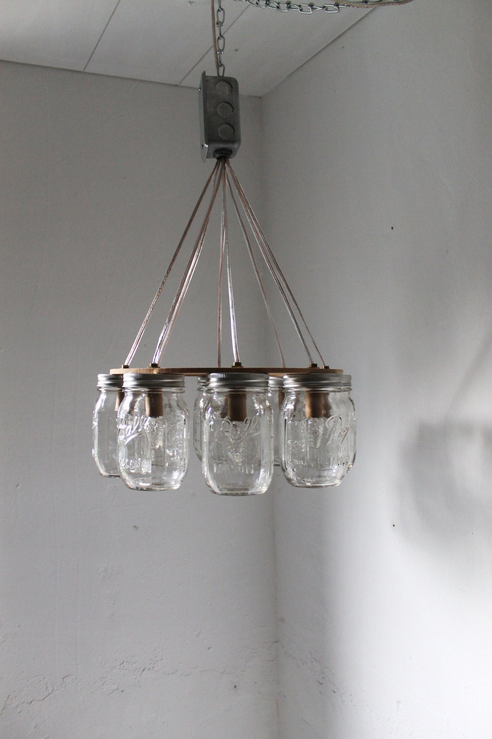 WAGON WHEEL Mason Jar Chandelier - Mason Jar Light - Industiral Swag - Handcrafted Upcycled BootsNGus Hanging Pendant Lighting Fixture