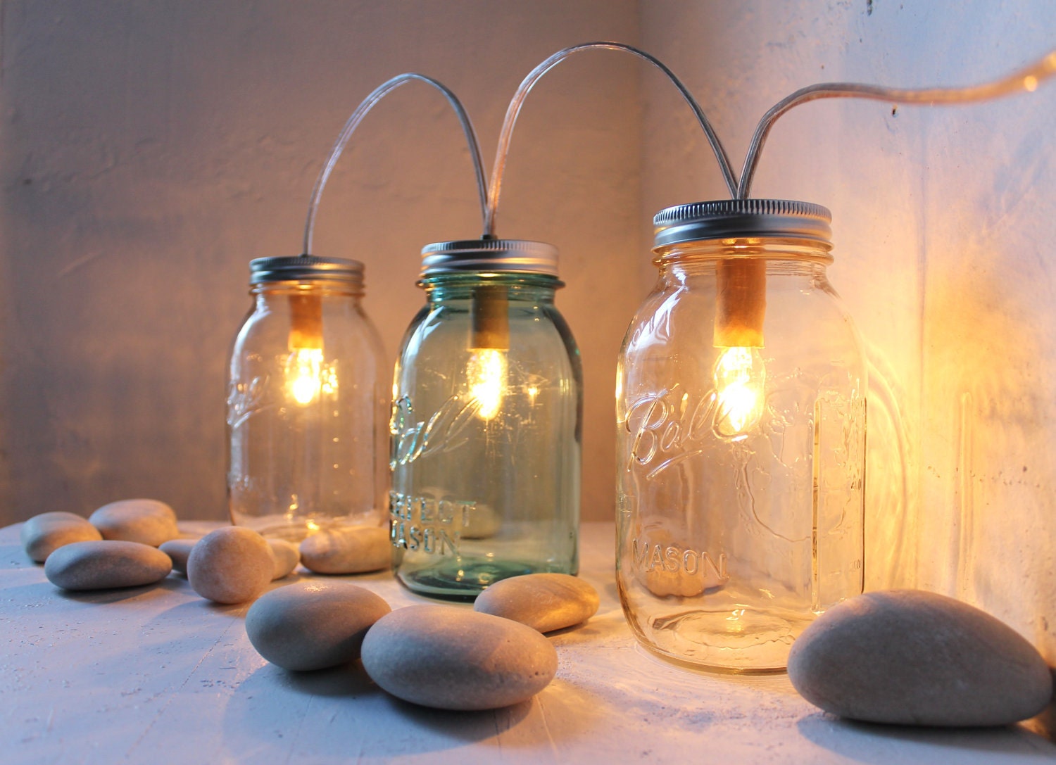 Mason Jar Lights - 3's Company - Glass Banner Style - Modern Industrial Rustic Farmhouse - Handrcrafted Upcycled BootsNGus Lighting Fixture