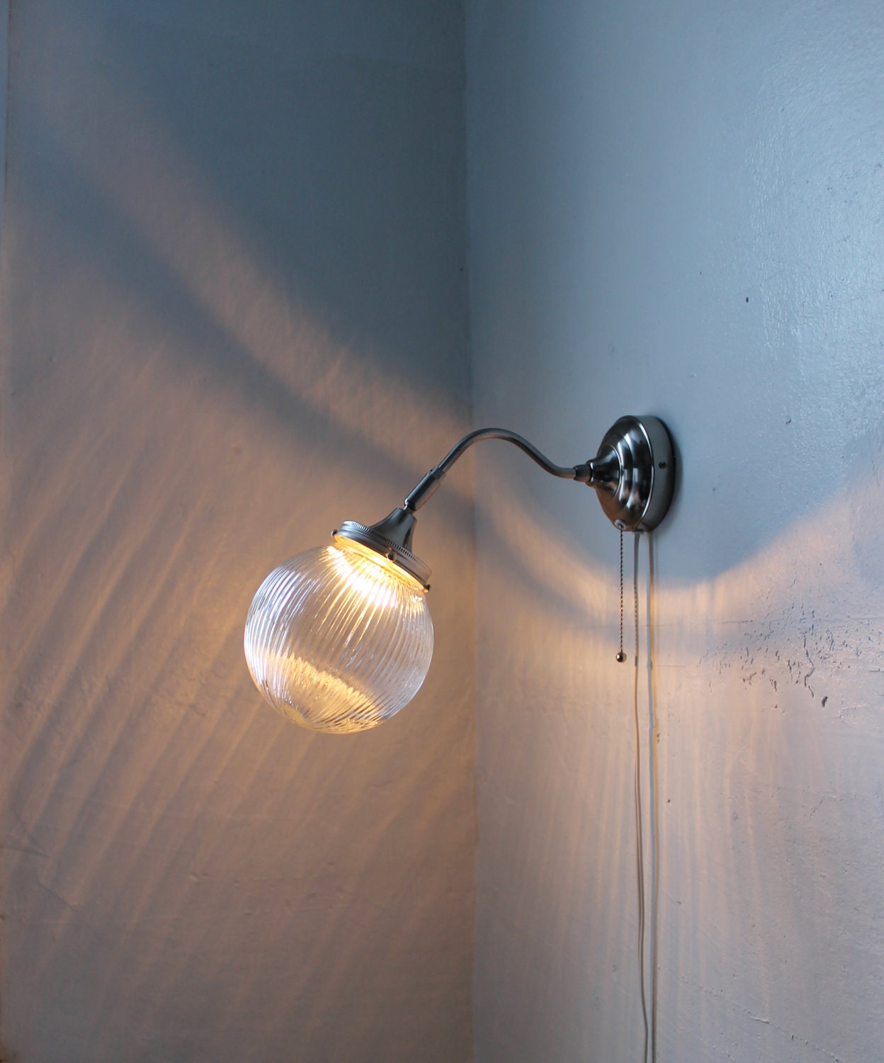 Moon Glow - Stainless Steel Gooseneck Wall Sconce - Ribbed Holophane Orb Shaped Lamp Shade - UpCycled BootsNGus Lighting Fixture